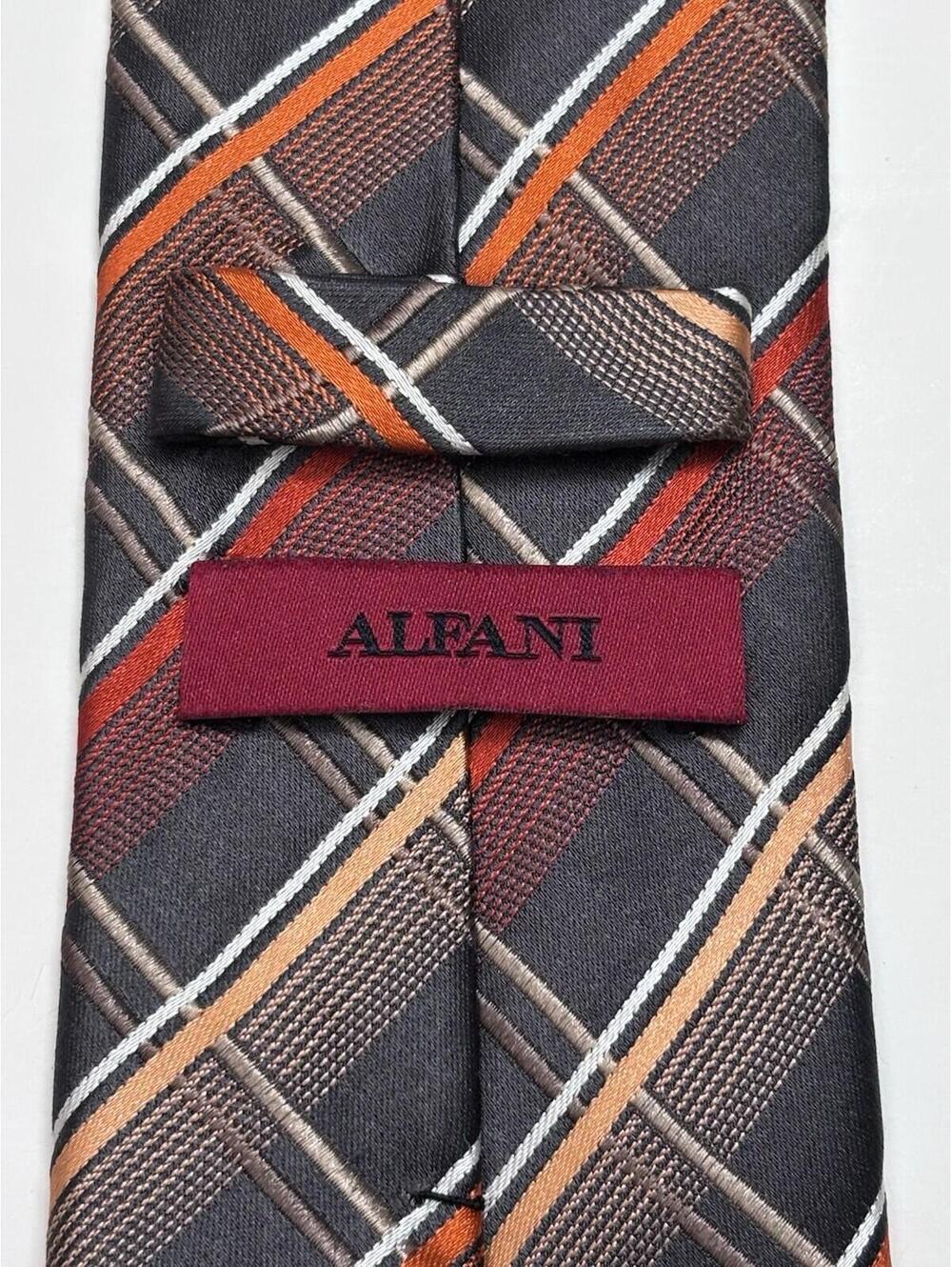 Alfani 100% Silk Tie In Orange And Grey Plaid - Picture 3 of 3